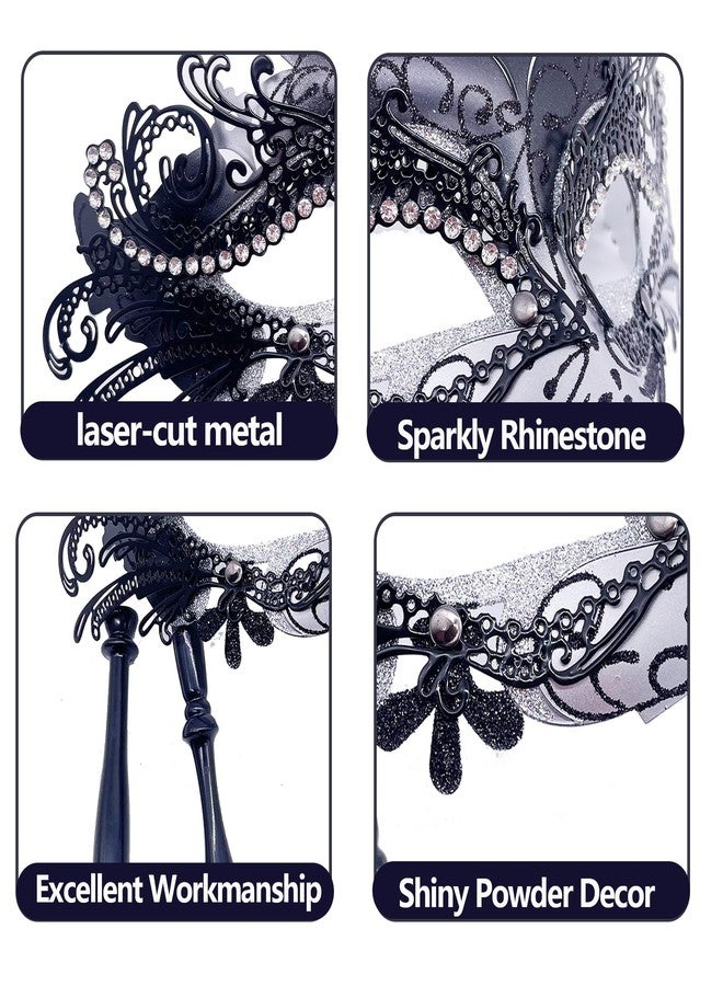 Geek-M Masquerade Mask for Women/Men, Fancy Party Face Mask Venetian Mask for Prom Ball Halloween Mardi Gras (masquerade mask with stick Sliver+Black) - Image 3